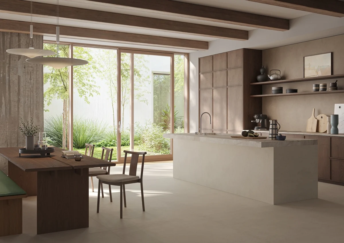 Gres Marazzi GRANDE CONCRETE LOOK efekt beton - aranzacja w przy kominku