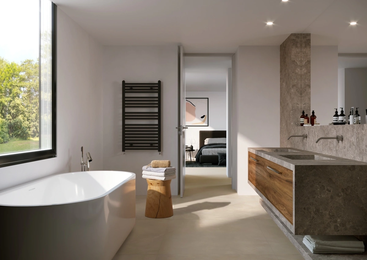 Gres Marazzi GRANDE RESIN LOOK efekt żywica - aranzacja w nowoczesnym salonie