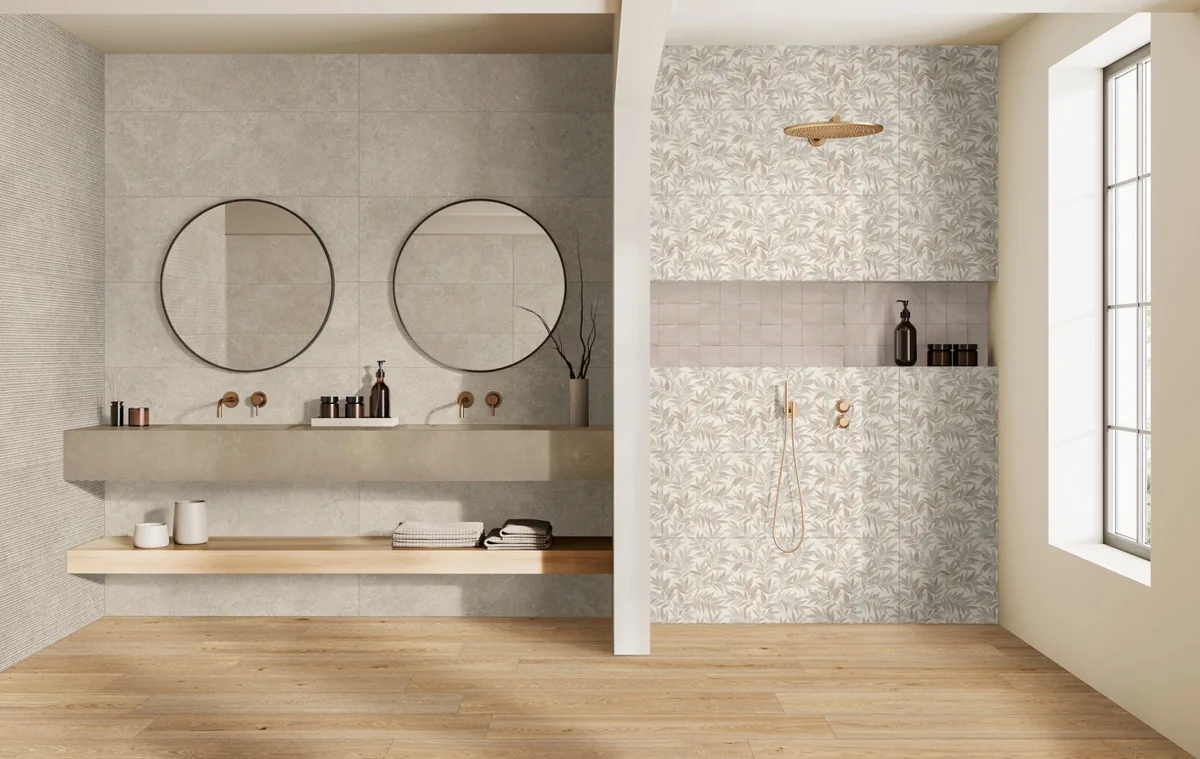 Gres Marazzi LIMESTONE WALL efekt beton - aranzacja w przestronnym holu