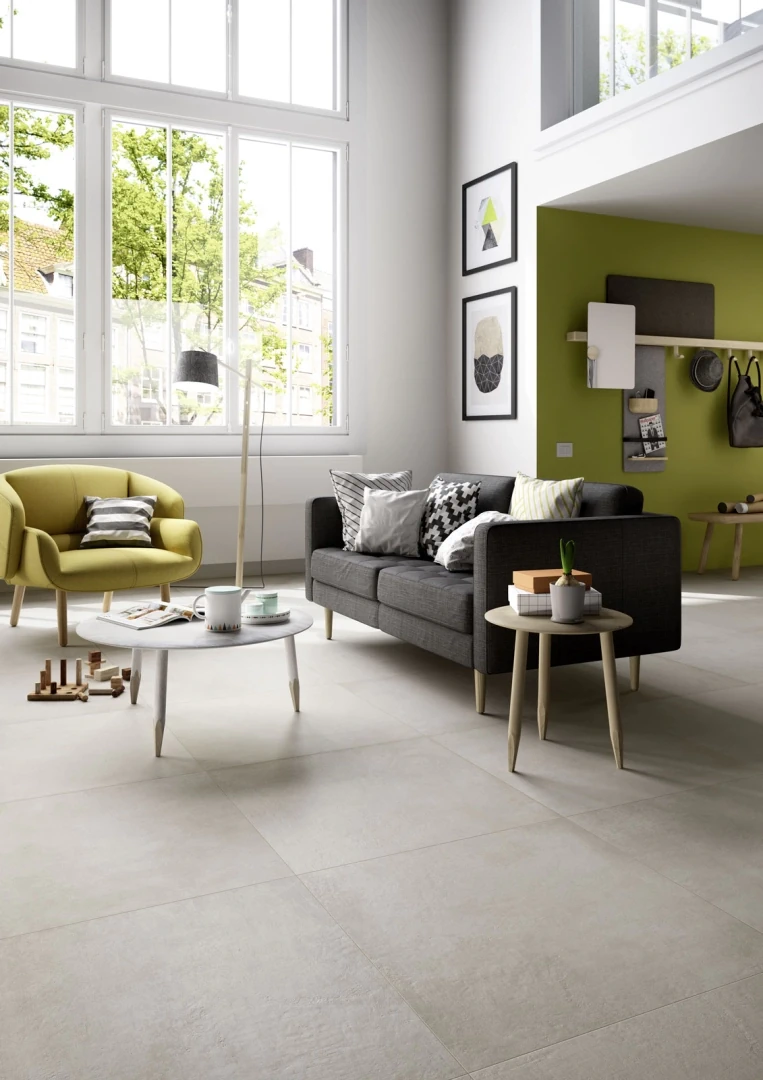Gres Marazzi PLASTER efekt beton - aranzacja w nowoczesnym salonie
