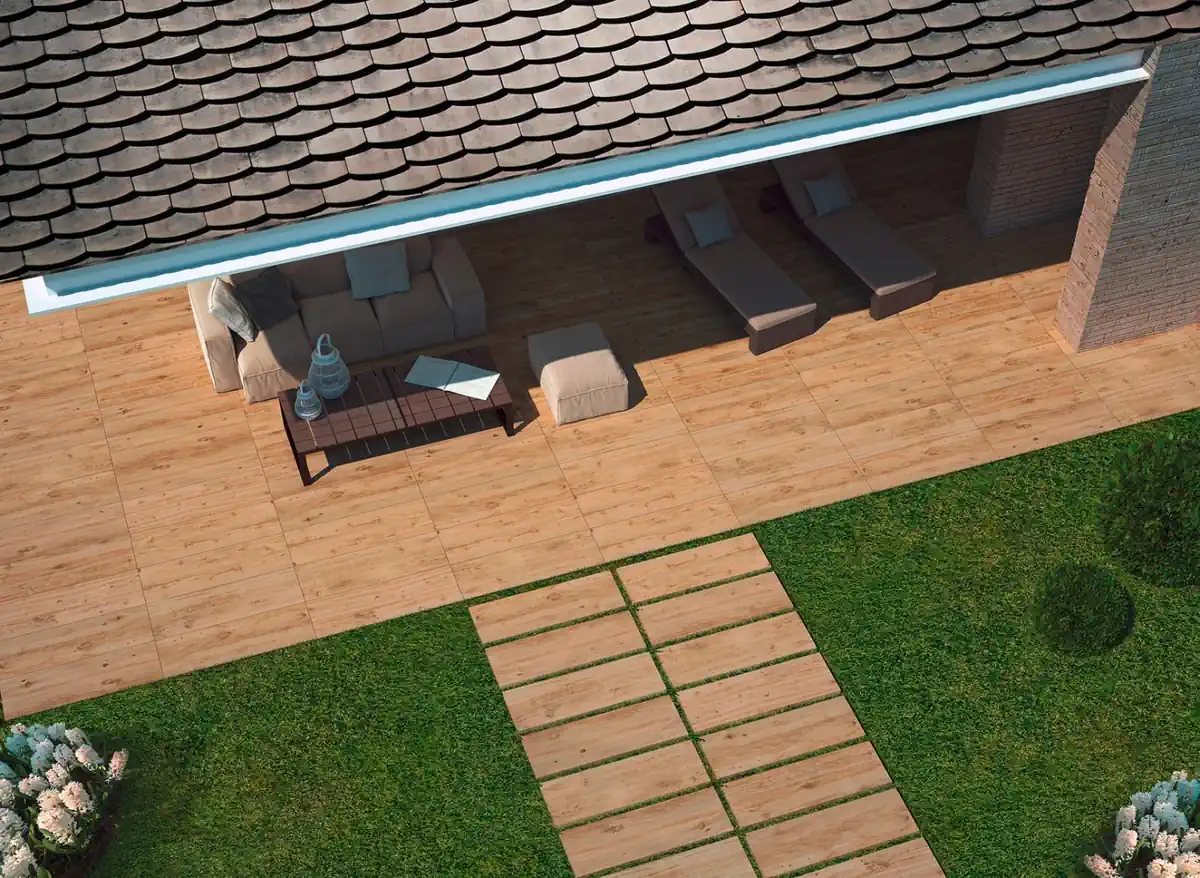 Gres Marazzi TREVERKHOME efekt drewno - aranzacja w przy kominku