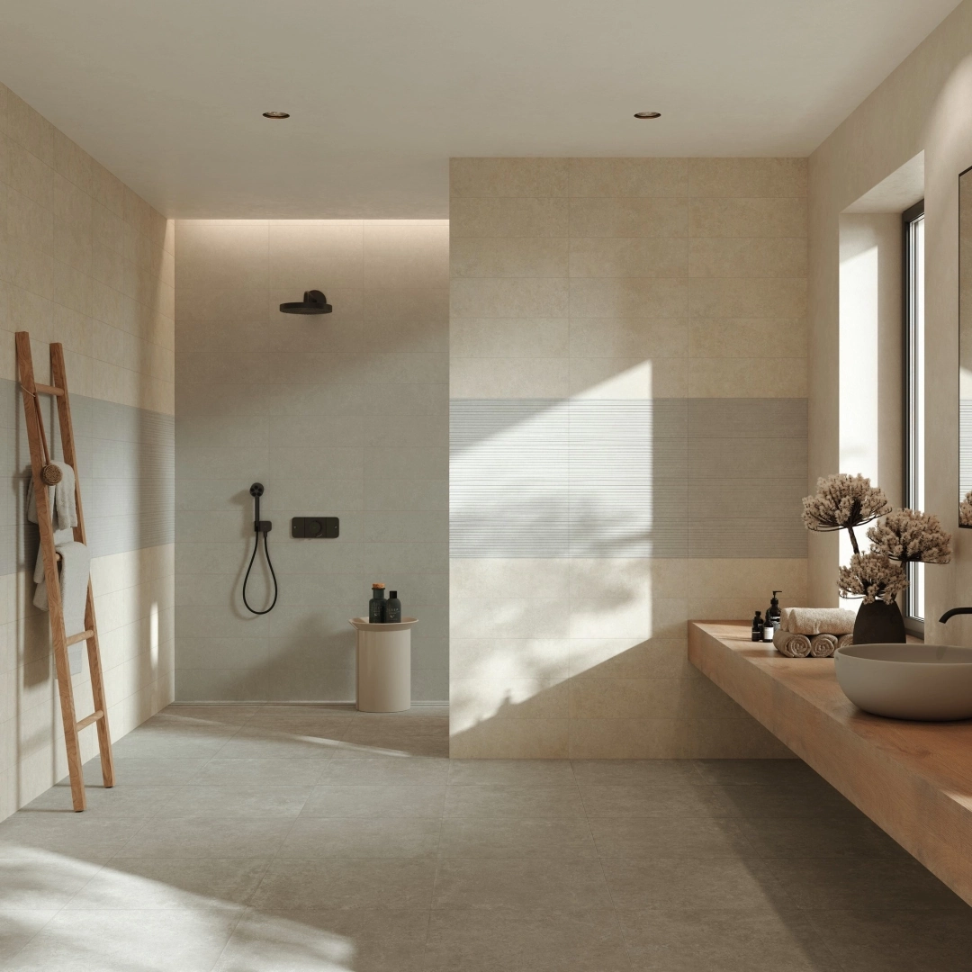 Gres Marazzi ROOM WALL efekt kamień - aranzacja w strefie dziennej z duzymi przeszkleniami