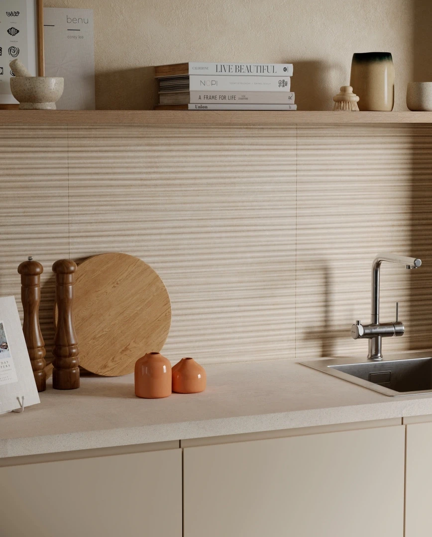 Gres Marazzi ROOM WALL efekt kamień - aranzacja w przy kominku
