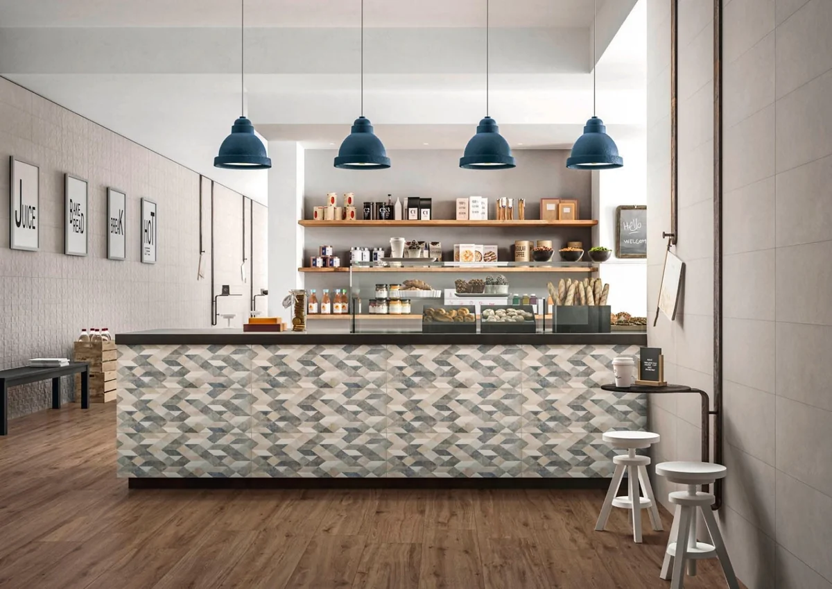 Gres Marazzi CHALK efekt beton - aranzacja w strefie dziennej z duzymi przeszkleniami