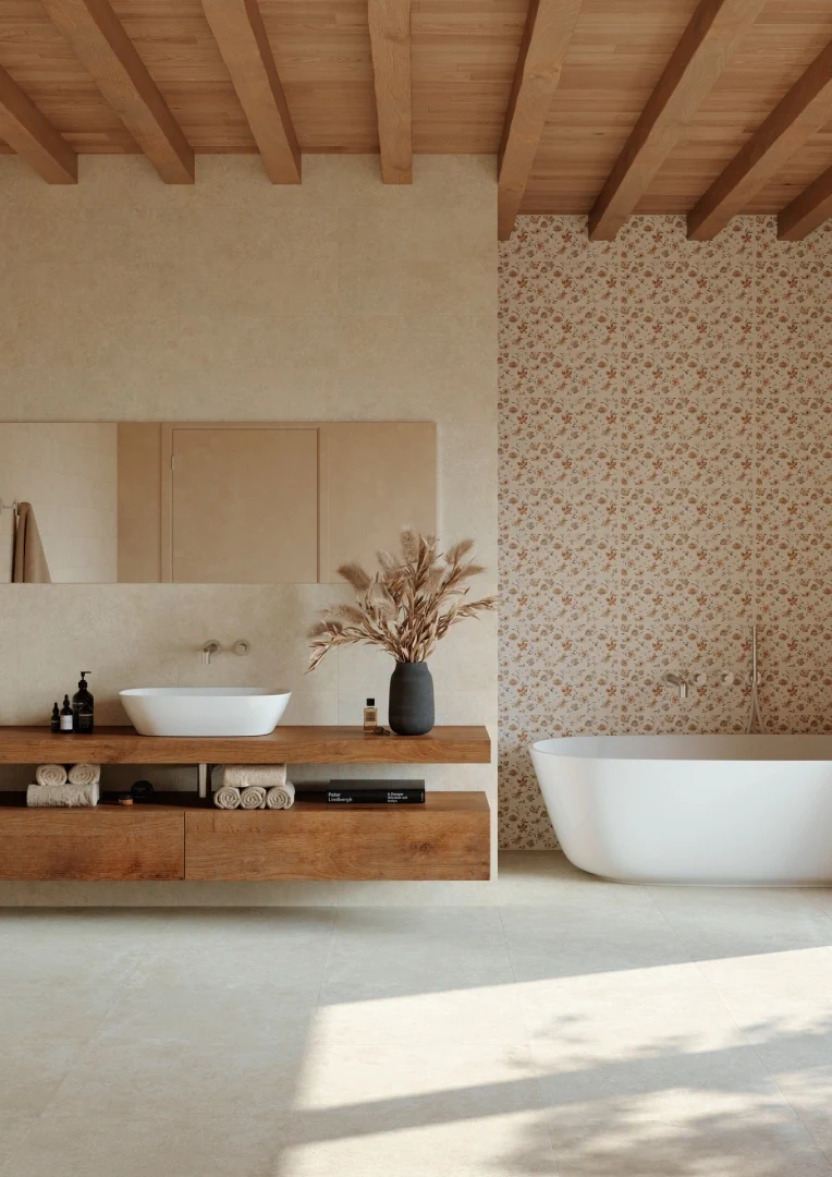 Gres Marazzi ROOM WALL efekt kamień - aranzacja w korytarzu z naturalnym swiatlem
