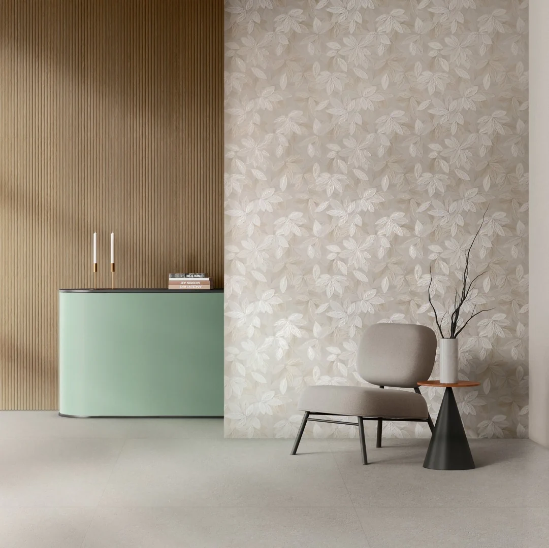 Gres Marazzi WHITE DECO efekt kolor - aranzacja w przy kominku