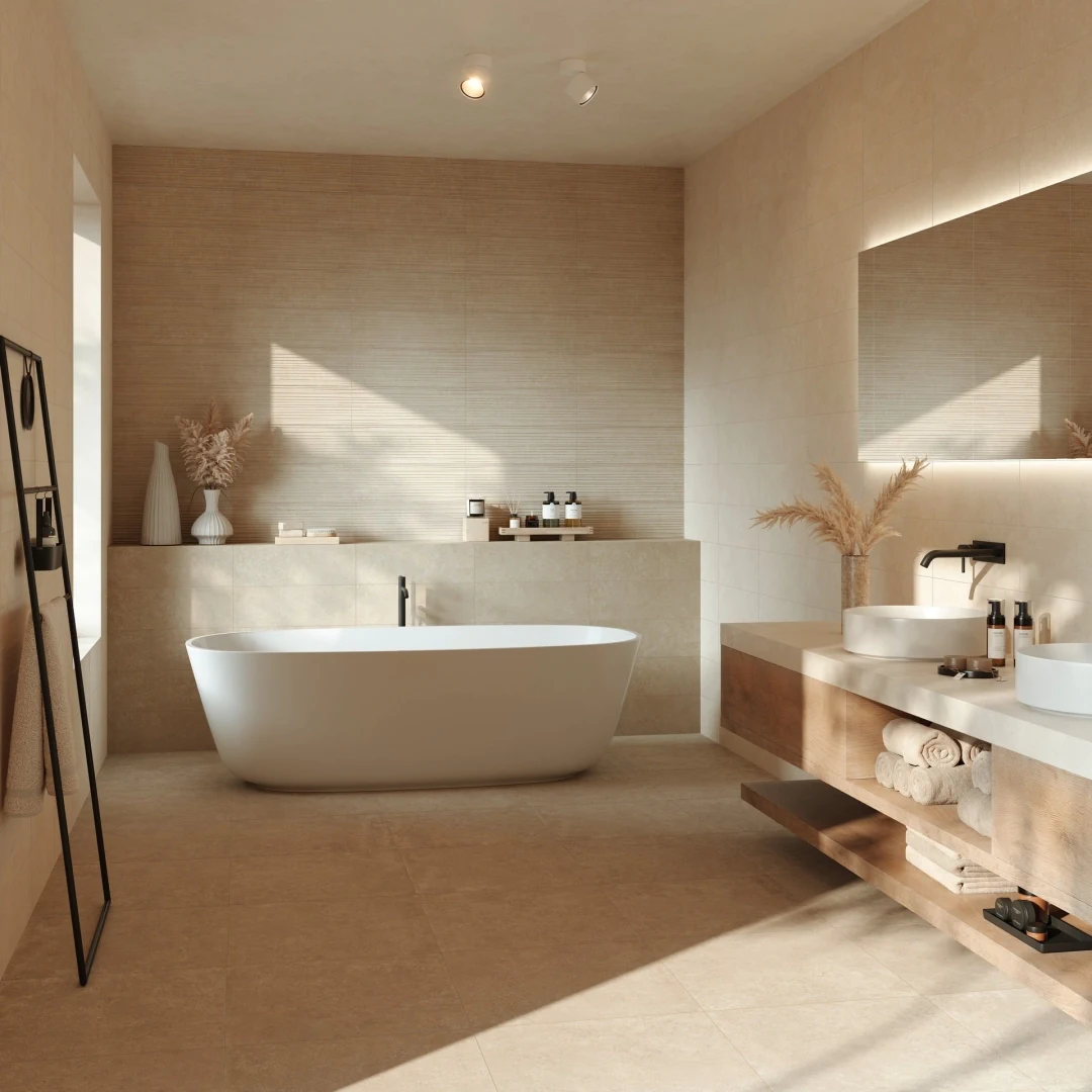Gres Marazzi ROOM WALL efekt kamień - aranzacja w eleganckiej lazience