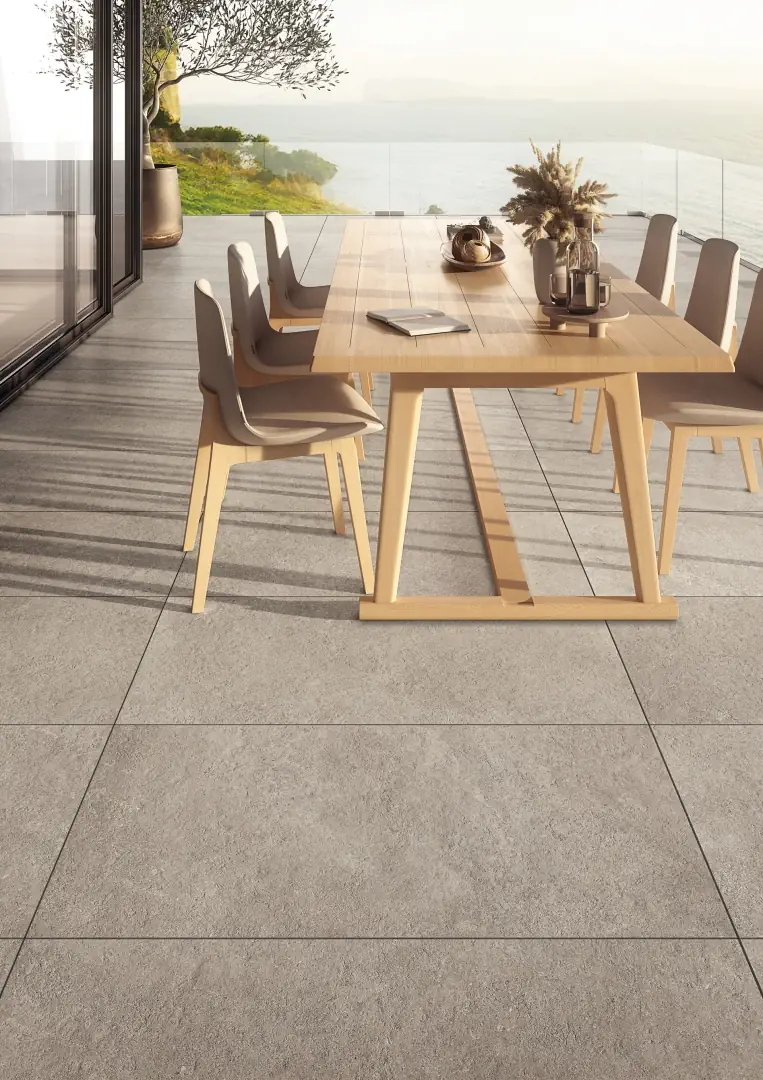 Gres Mirage RESTONE efekt kamień - aranzacja w minimalistycznym wnetrzu