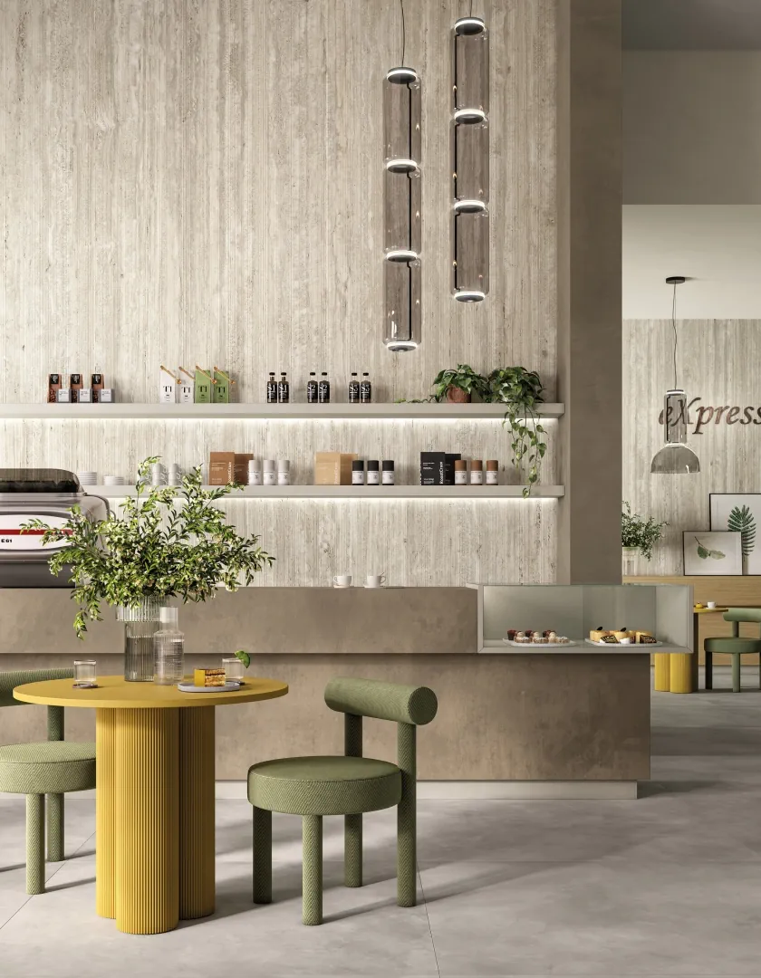 Gres Mirage CLAY efekt beton - aranzacja w przy kominku