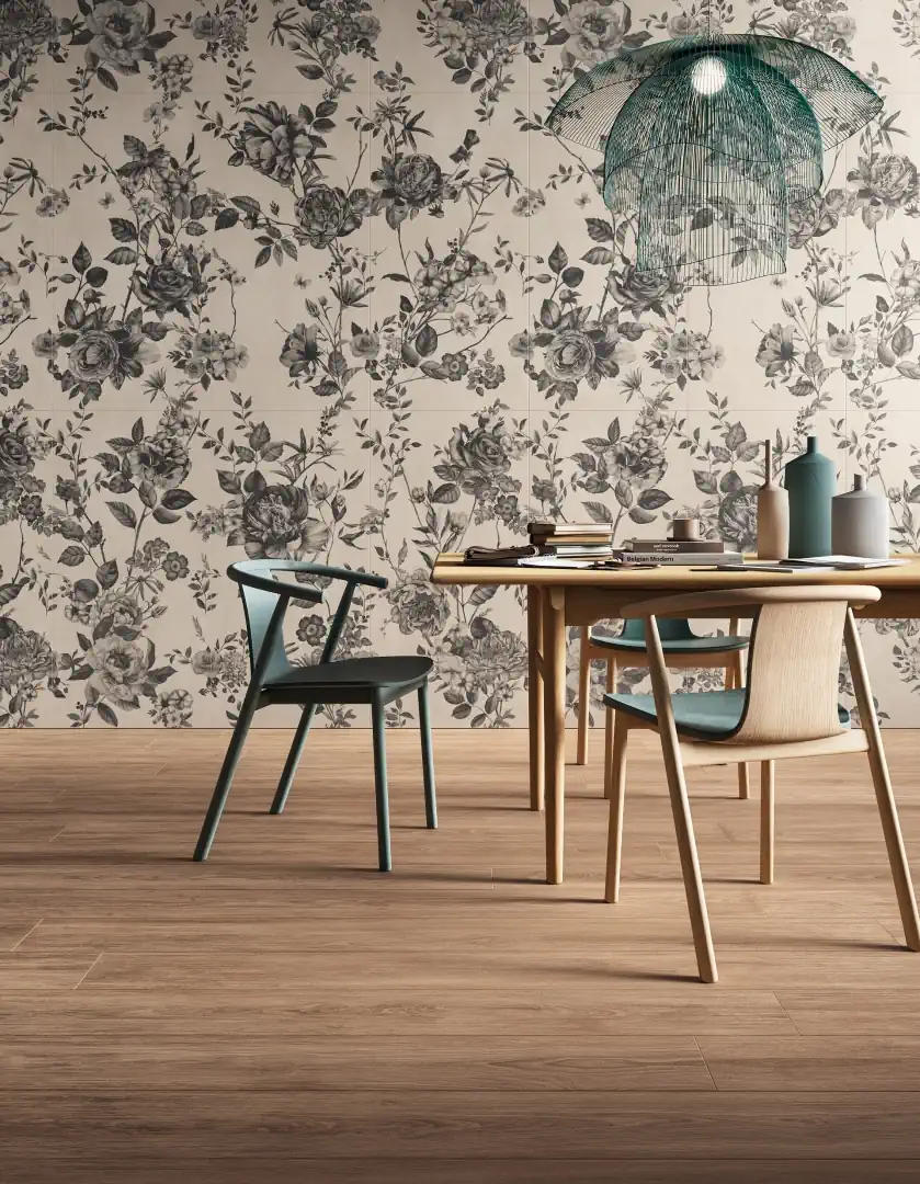 Gres Mirage PAPIER efekt tapeta - aranzacja w nowoczesnym salonie