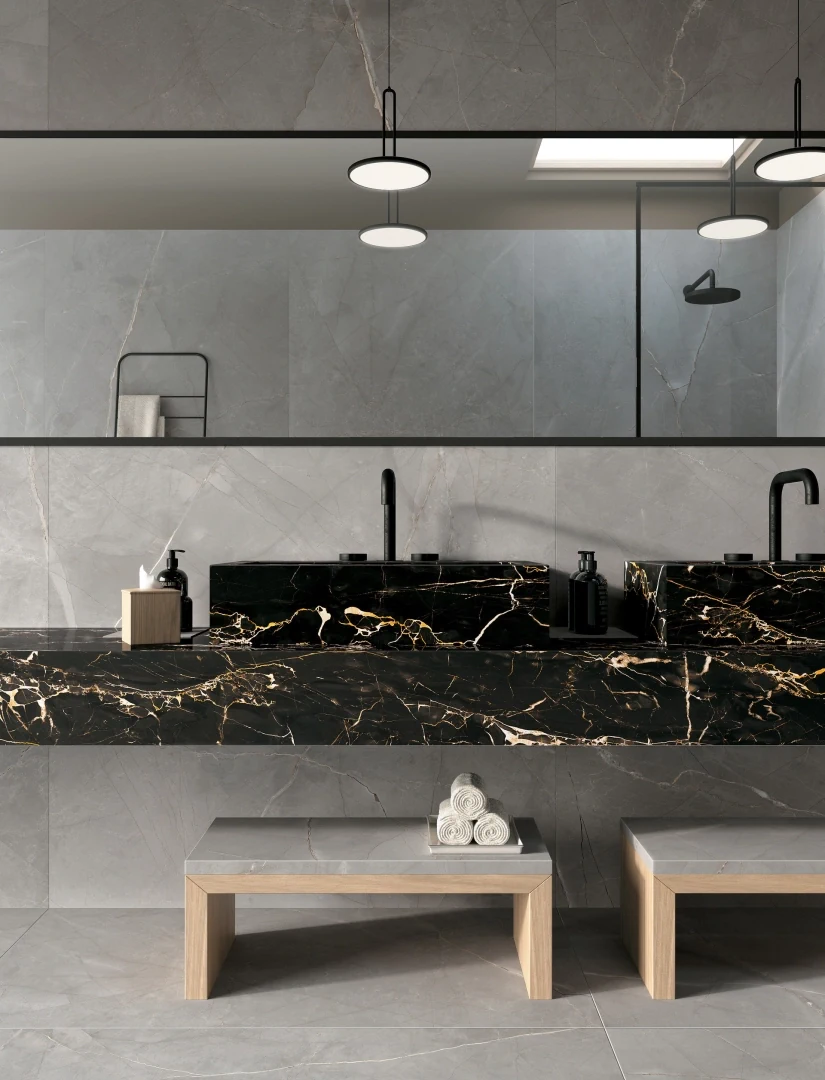 Gres Mirage JEWELS efekt marmur - aranzacja w minimalistycznym wnetrzu