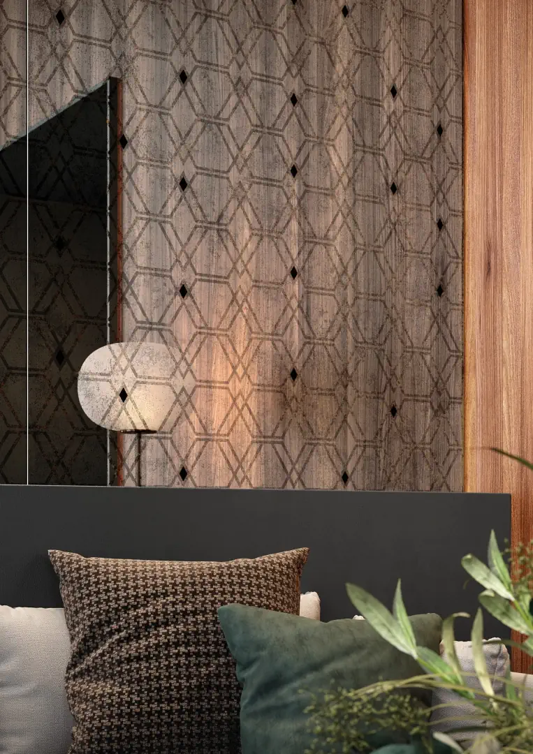 Gres Mirage EMPORIO 225 efekt tapeta, kamień - aranzacja w strefie dziennej z duzymi przeszkleniami