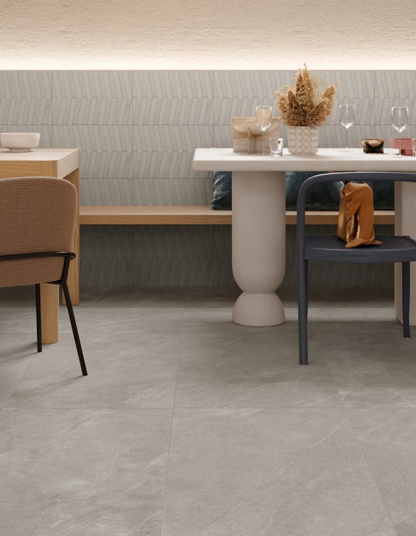 Gres Mirage MAND efekt beton, kolor - aranzacja w nowoczesnym salonie