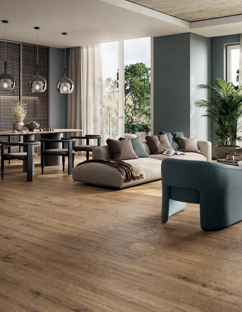 Gres Mirage KAO efekt drewno - aranzacja w minimalistycznym wnetrzu