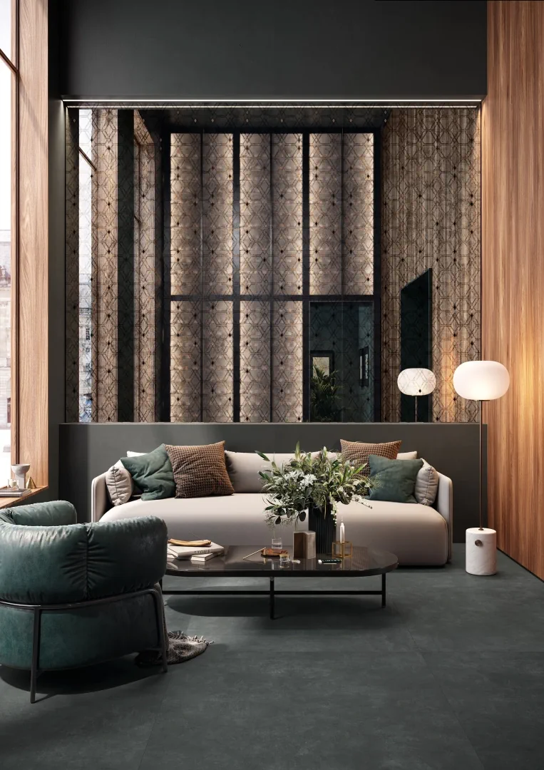 Gres Mirage EMPORIO 225 efekt tapeta, kamień - aranzacja w przy kominku