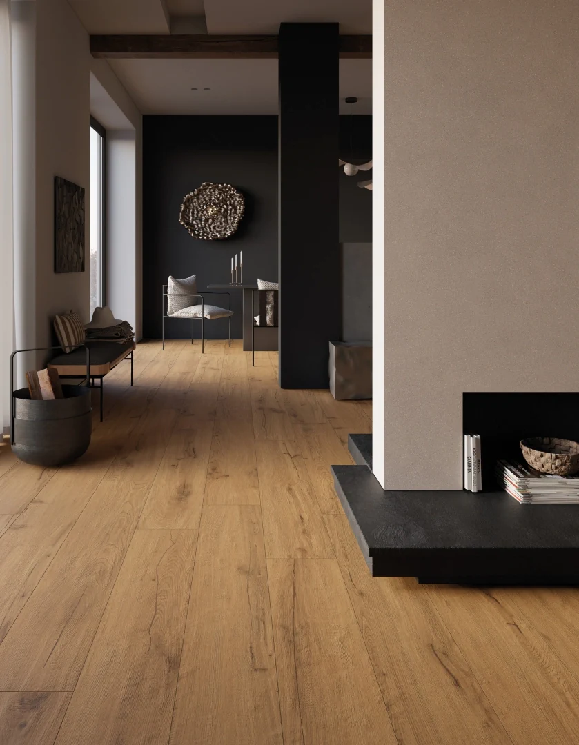 Gres Mirage IZUMI efekt drewno - aranzacja w nowoczesnym salonie