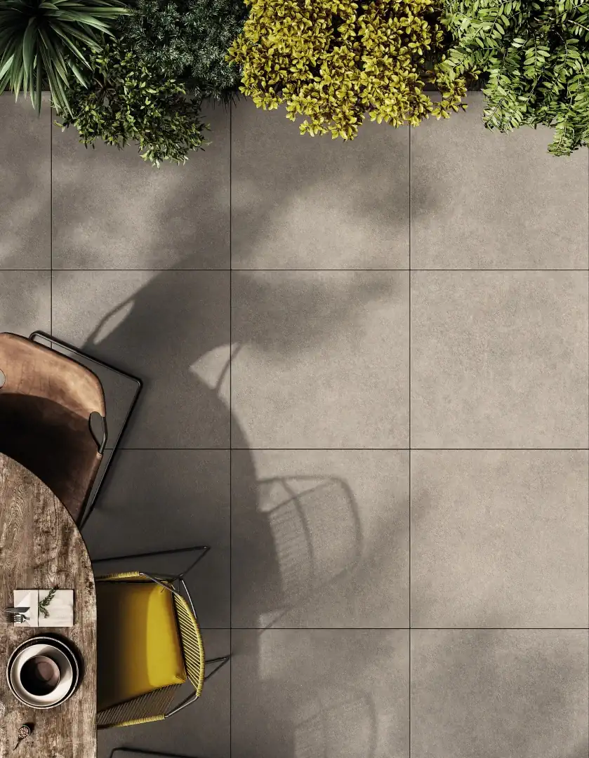 Gres Mirage RECONCRETE efekt beton, terrazzo - aranzacja w przestronnym holu