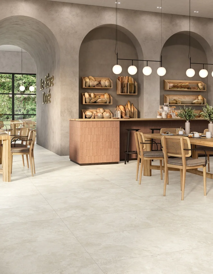 Gres Mirage ELYSIAN TRAVERTINI efekt kamień - aranzacja w eleganckiej lazience
