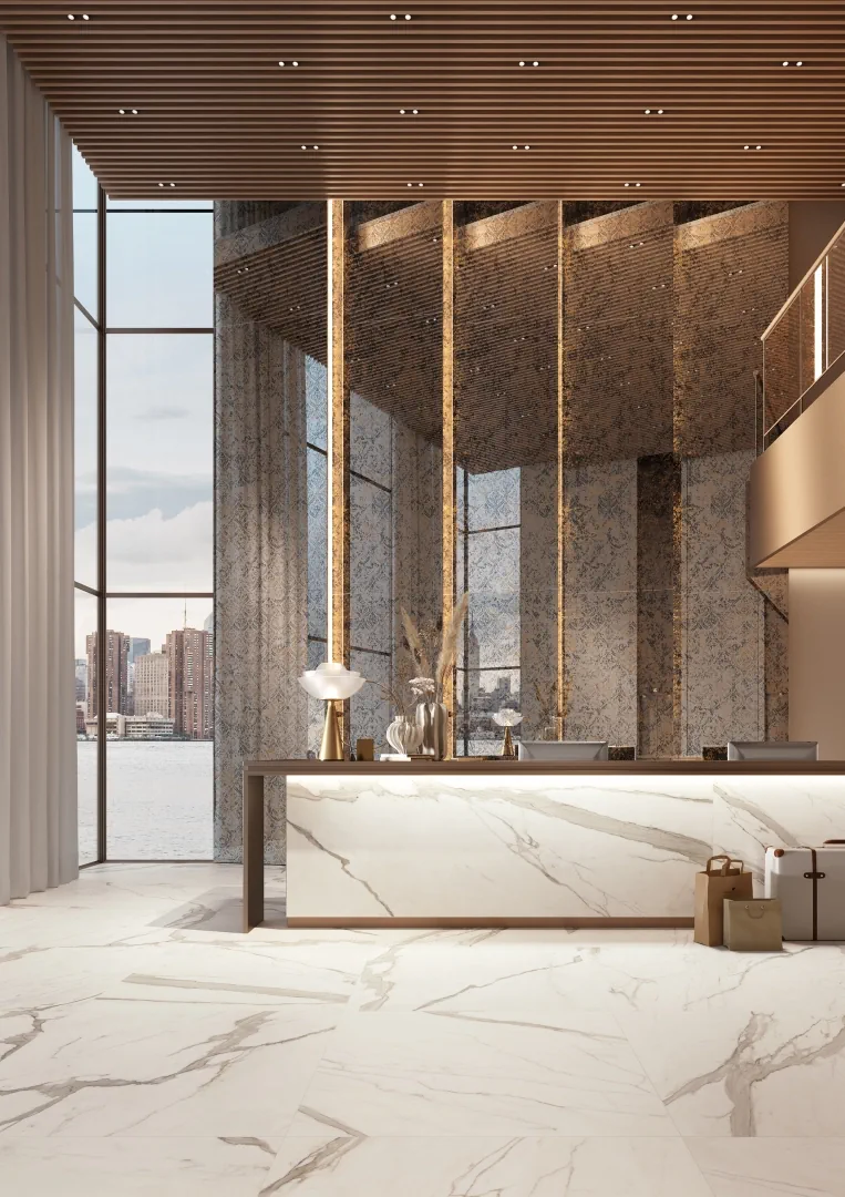 Gres Mirage EMPORIO 225 efekt tapeta, kamień - aranzacja w minimalistycznym wnetrzu