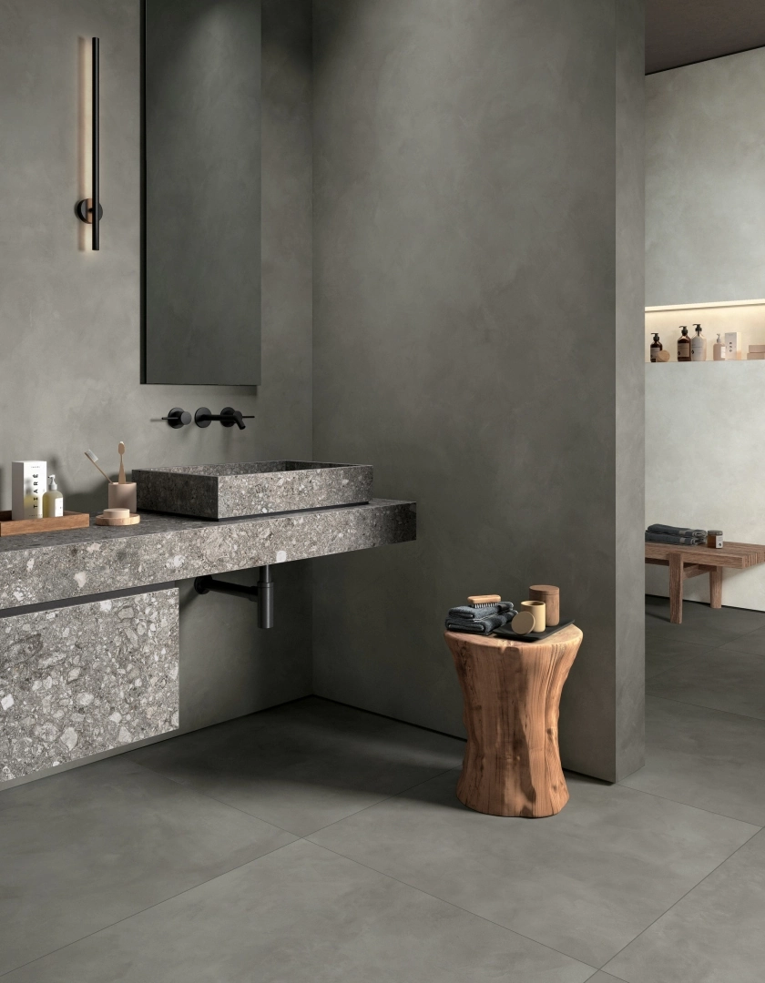 Gres Mirage CLAY efekt beton - aranzacja w minimalistycznym wnetrzu