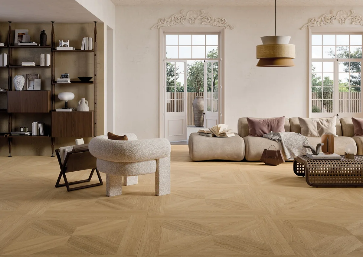 Gres Mirage OUDH efekt drewno - aranzacja w minimalistycznym wnetrzu