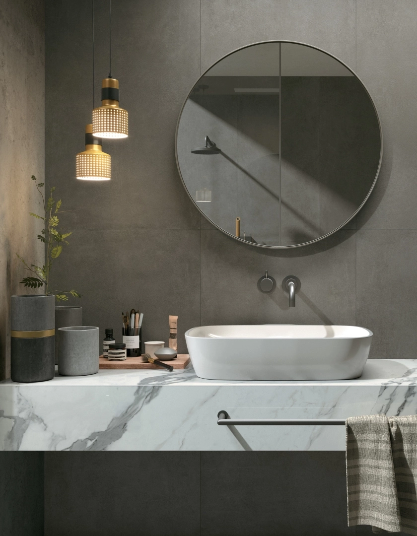 Gres Mirage GLOCAL efekt beton - aranzacja w przestronnym holu