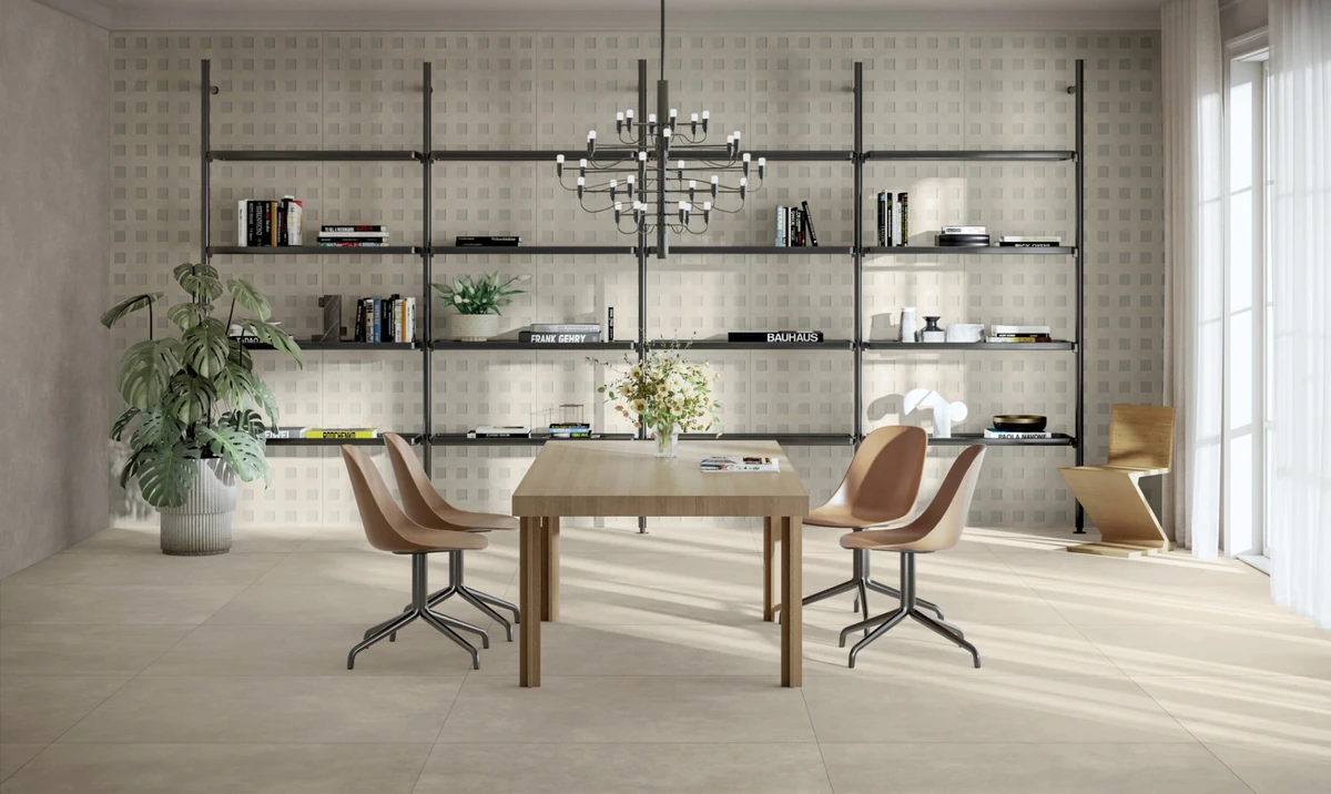Gres Mirage GLOCAL efekt beton - aranzacja w nowoczesnym salonie