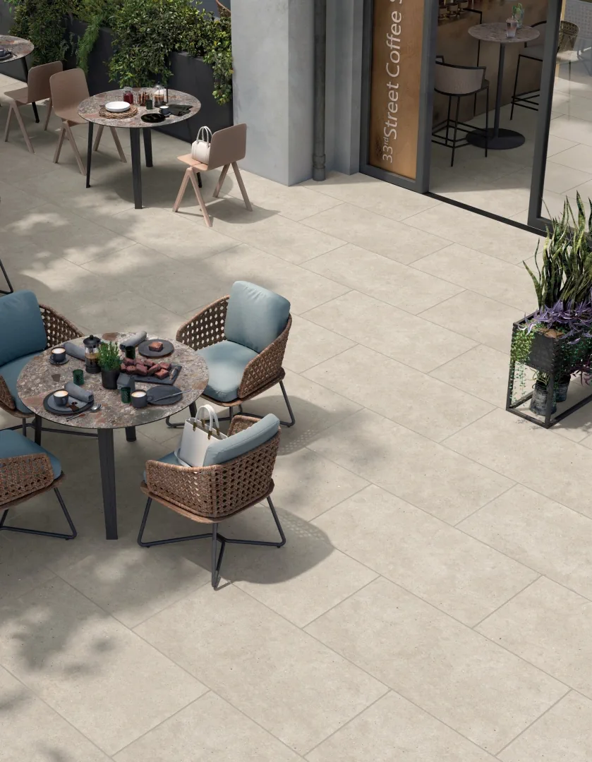 Gres Mirage ELYSIAN efekt kamień - aranzacja w minimalistycznym wnetrzu