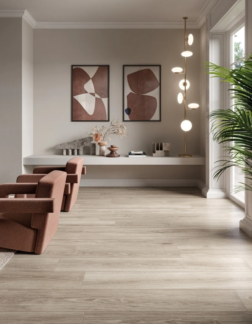 Gres Mirage OUDH efekt drewno - aranzacja w minimalistycznym wnetrzu
