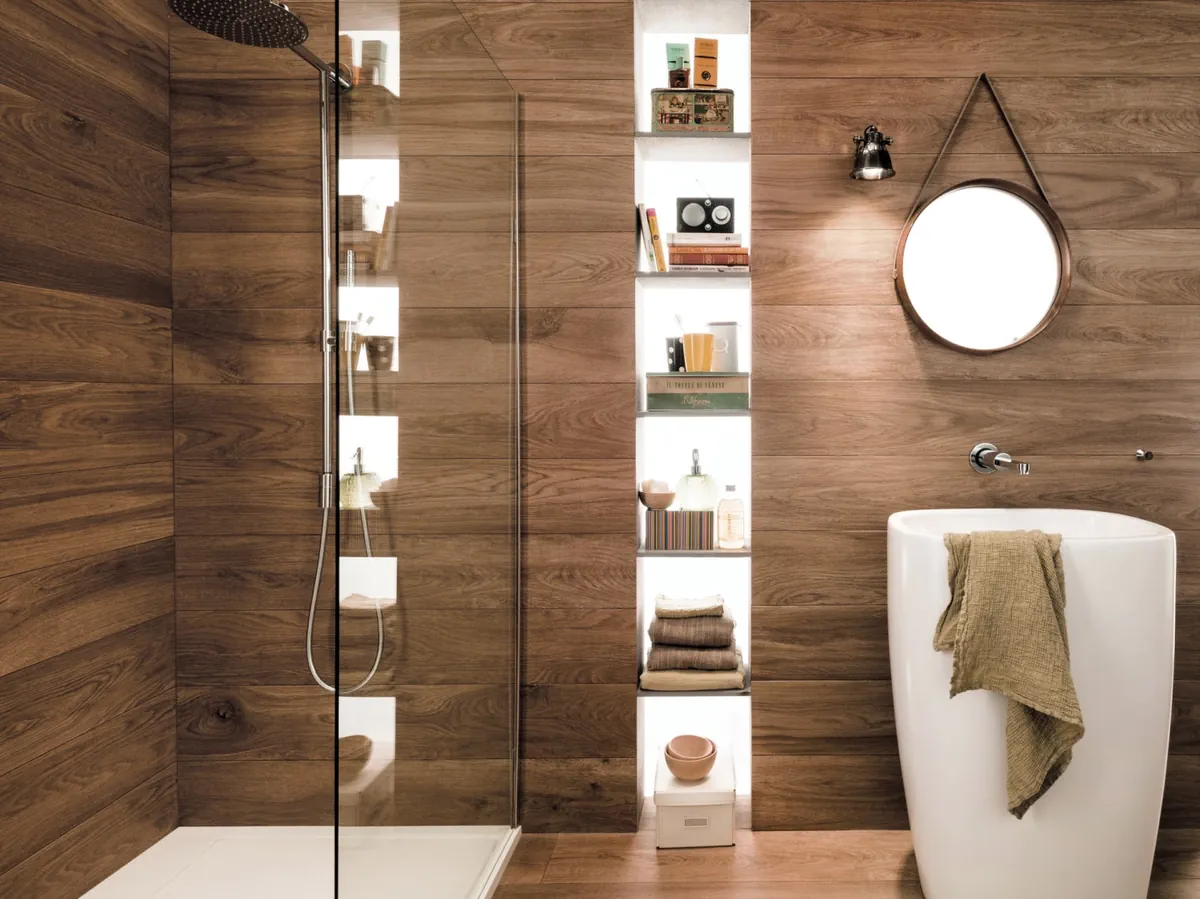 Gres Mirage SIGNATURE efekt drewno - aranzacja w minimalistycznym wnetrzu