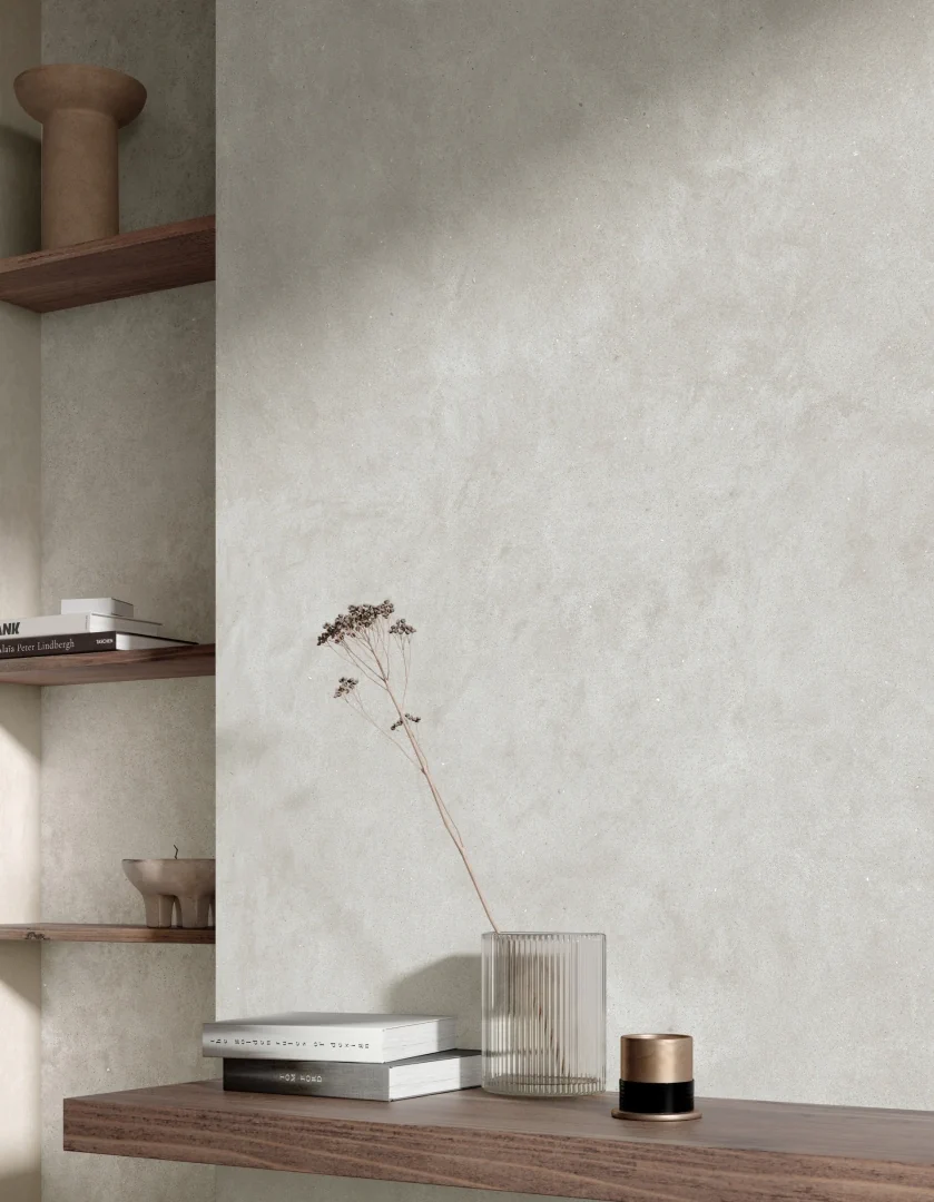 Gres Mirage VICEVERSA efekt terrazzo, kamień - aranzacja w minimalistycznym wnetrzu