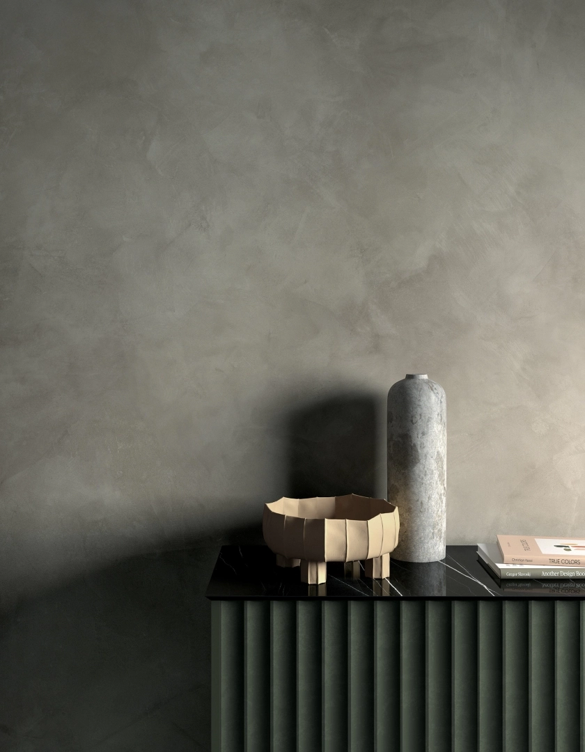 Gres Mirage CLAY efekt beton - aranzacja w strefie dziennej z duzymi przeszkleniami