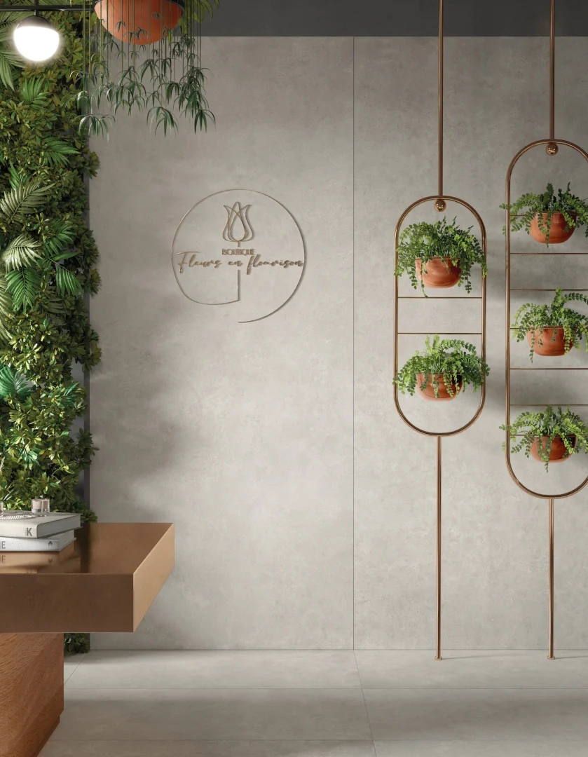 Gres Mirage VICEVERSA efekt terrazzo, kamień - aranzacja w przy kominku