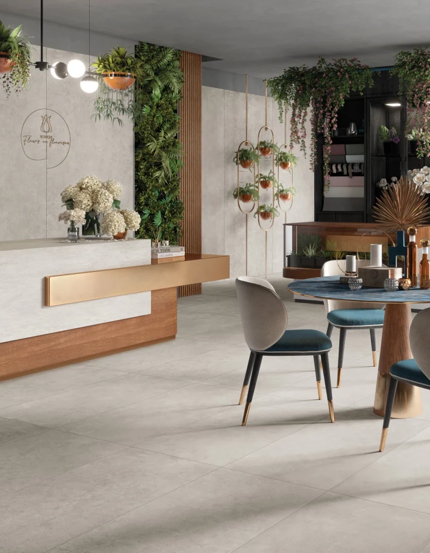 Gres Mirage VICEVERSA efekt terrazzo, kamień - aranzacja w minimalistycznym wnetrzu