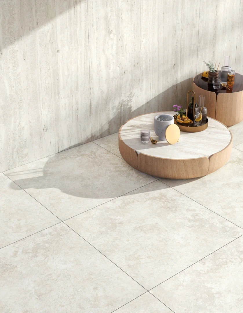 Gres Mirage ELYSIAN TRAVERTINI efekt kamień - aranzacja w eleganckiej lazience