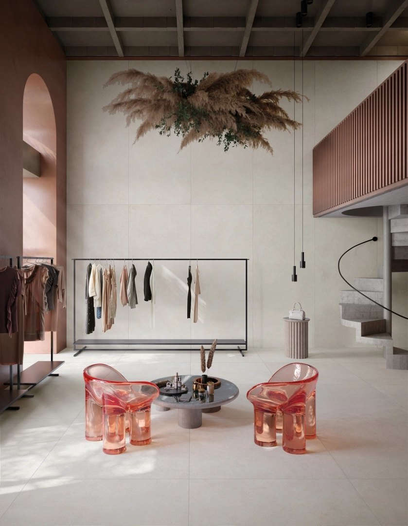 Gres Mirage VICEVERSA efekt terrazzo, kamień - aranzacja w przestronnym holu