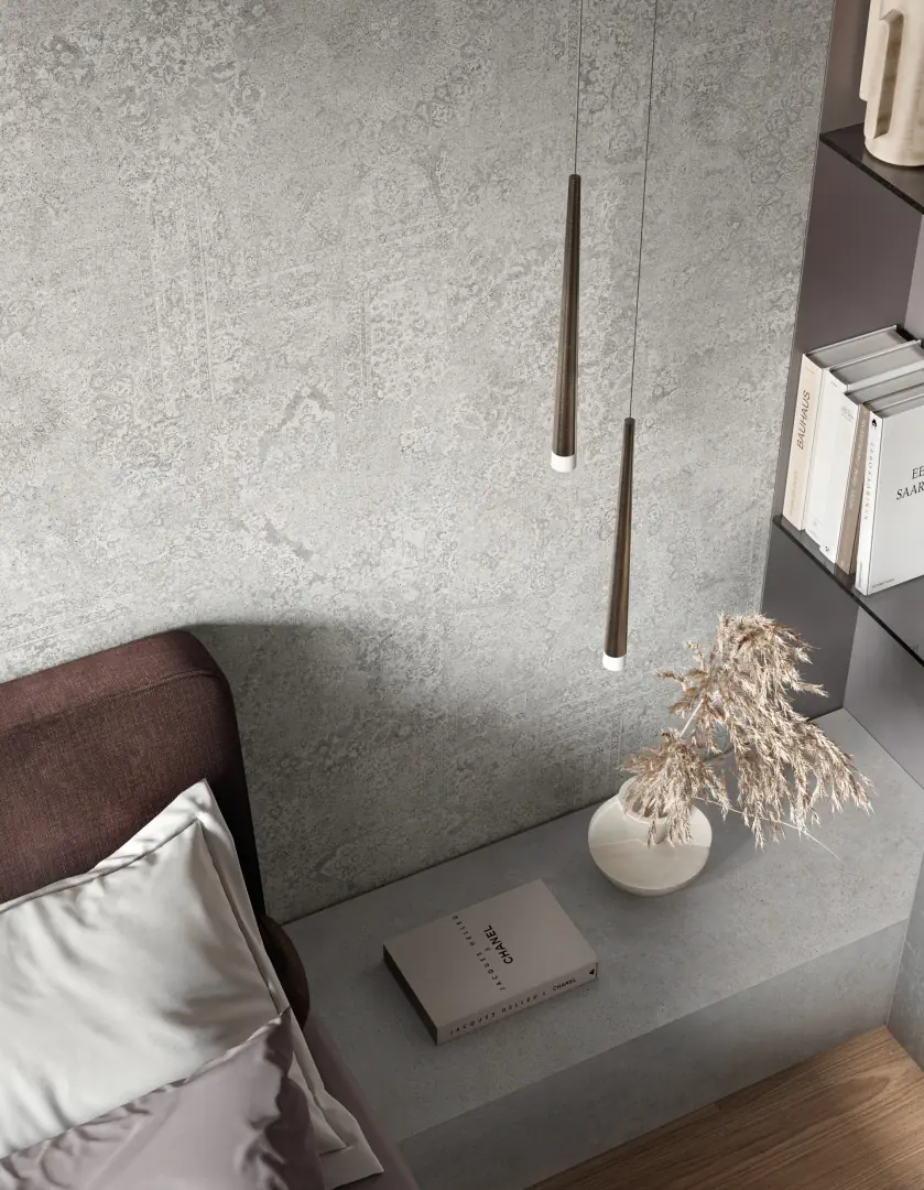 Gres Mirage VICEVERSA efekt terrazzo, kamień - aranzacja w przestronnym holu