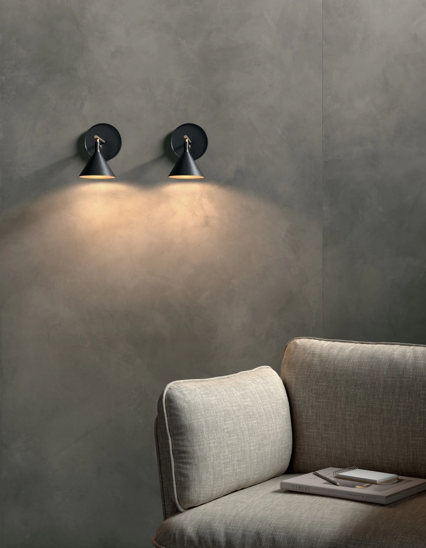 Gres Mirage CLAY efekt beton - aranzacja w przy kominku