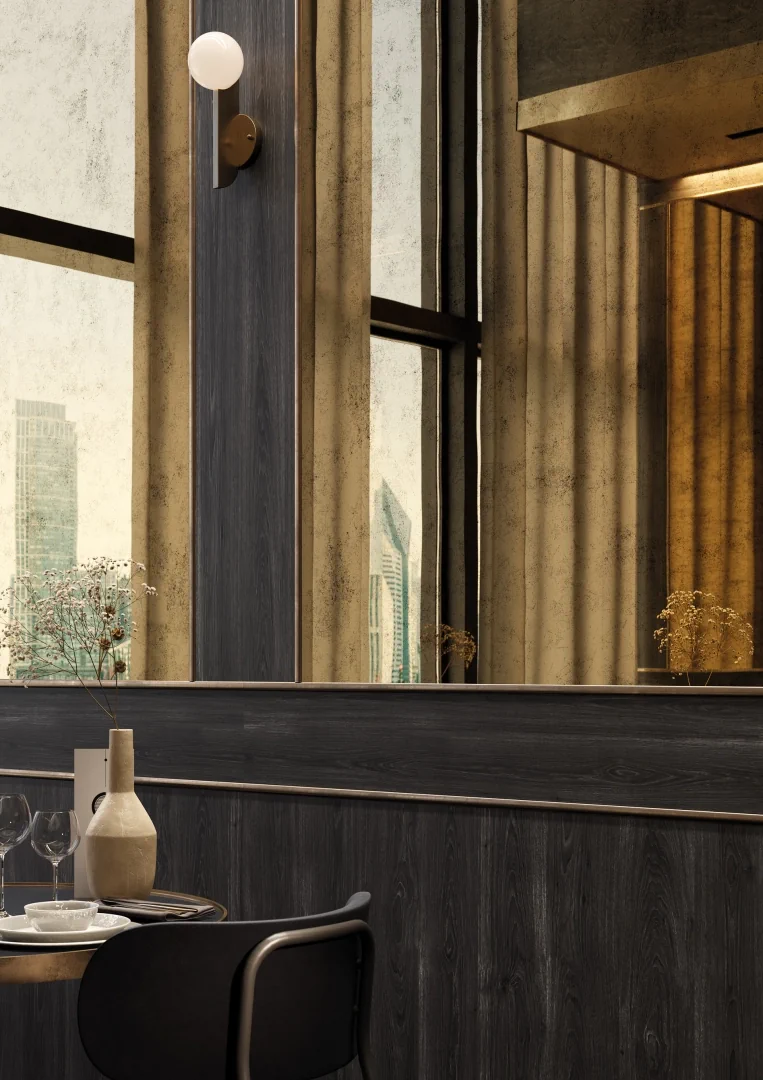 Gres Mirage EMPORIO 225 efekt tapeta, kamień - aranzacja w przestronnym holu