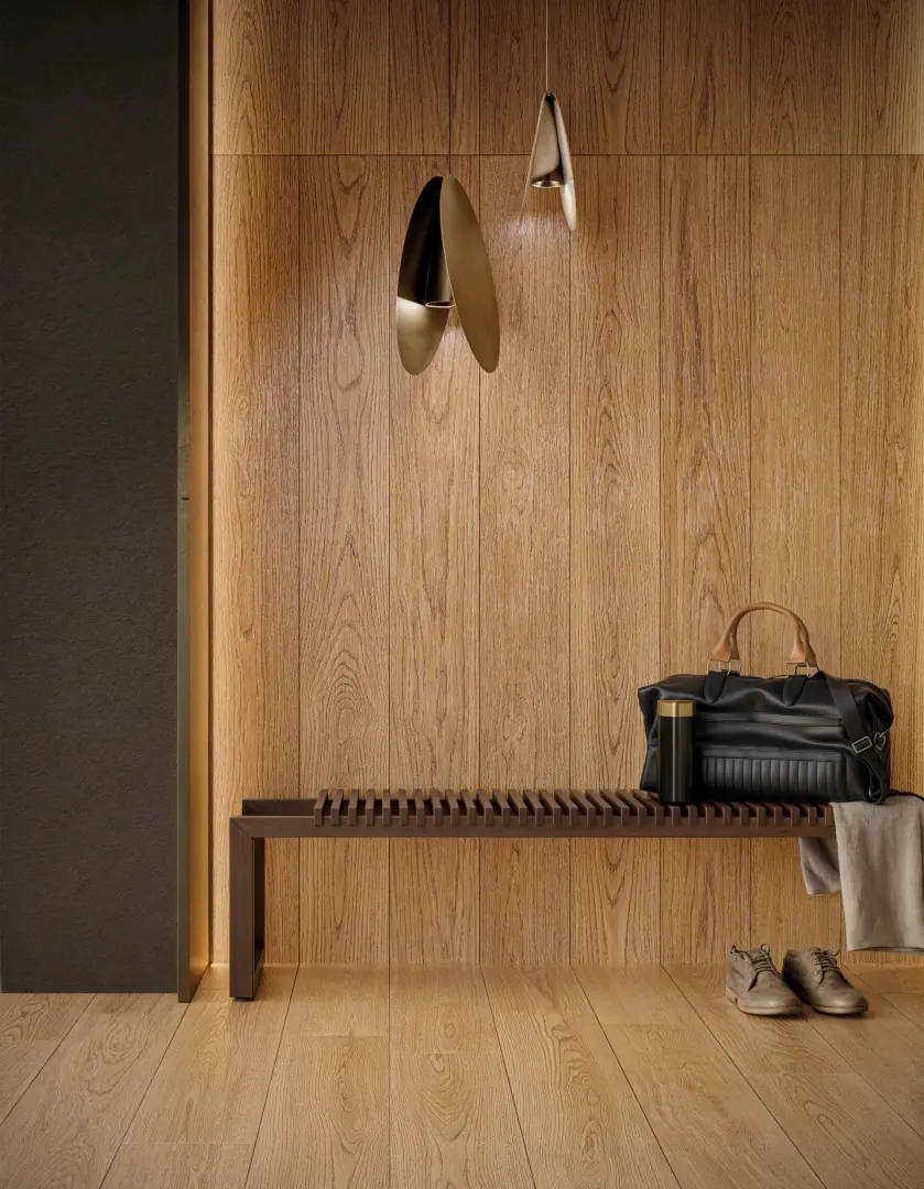 Gres Mirage IZUMI efekt drewno - aranzacja w minimalistycznym wnetrzu