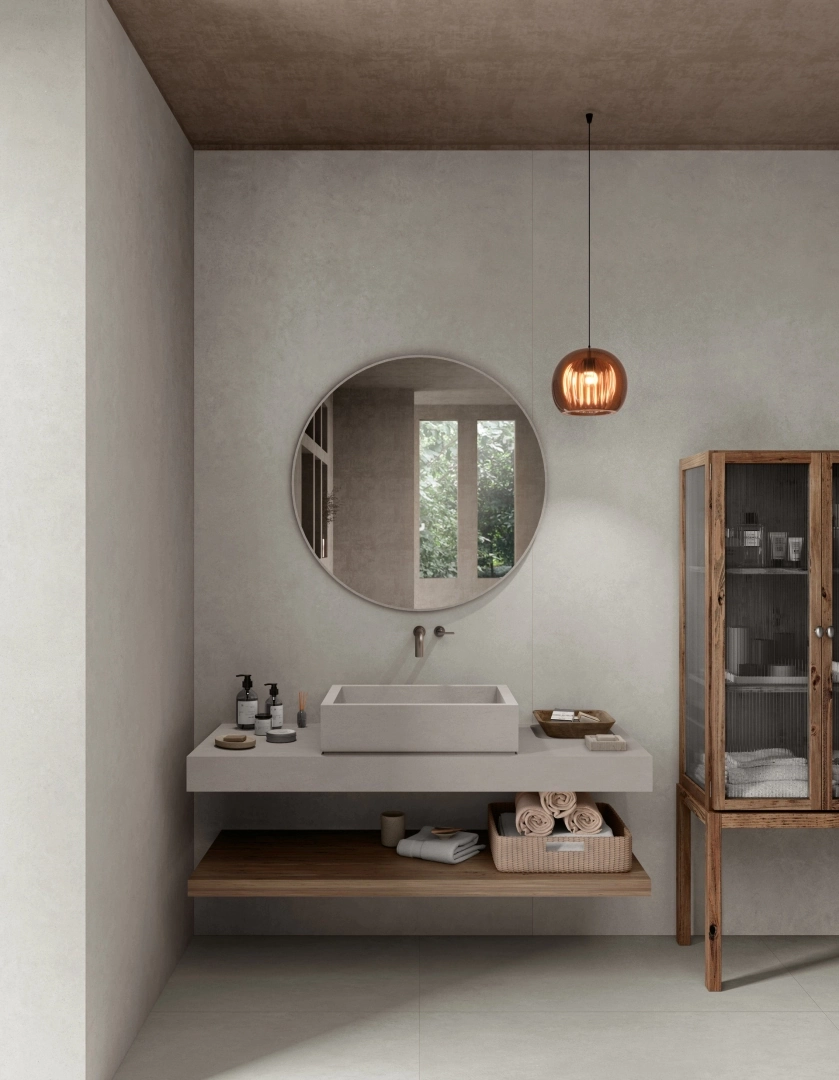 Gres Mirage VICEVERSA efekt terrazzo, kamień - aranzacja w eleganckiej lazience