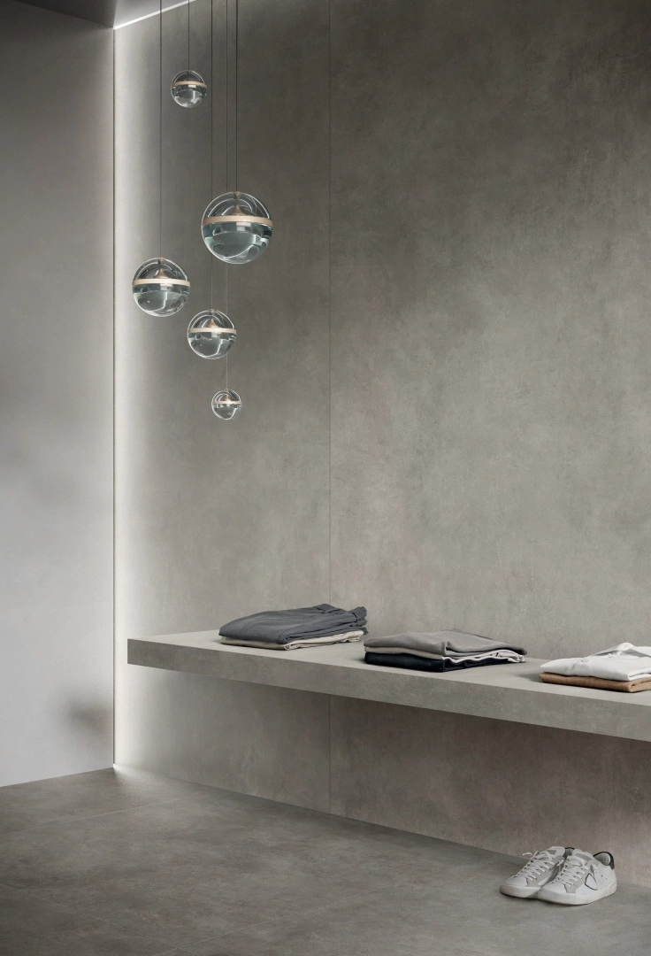 Gres Mirage GLOCAL efekt beton - aranzacja w przy kominku