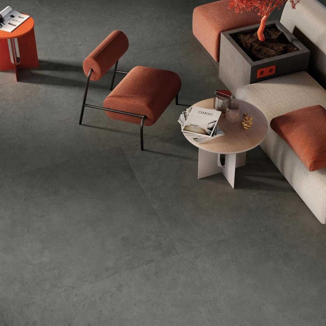 Gres Mirage VICEVERSA efekt terrazzo, kamień - aranzacja w przestronnym holu