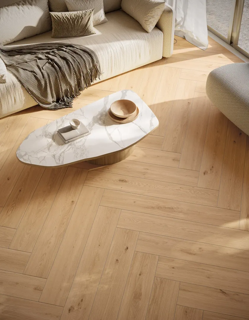 Gres Mirage IZUMI efekt drewno - aranzacja w minimalistycznym wnetrzu