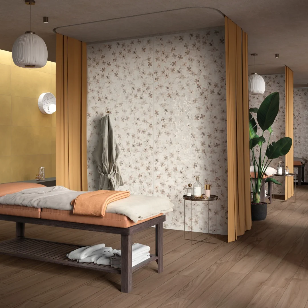 Gres Mirage PAPIER efekt tapeta - aranzacja w minimalistycznym wnetrzu