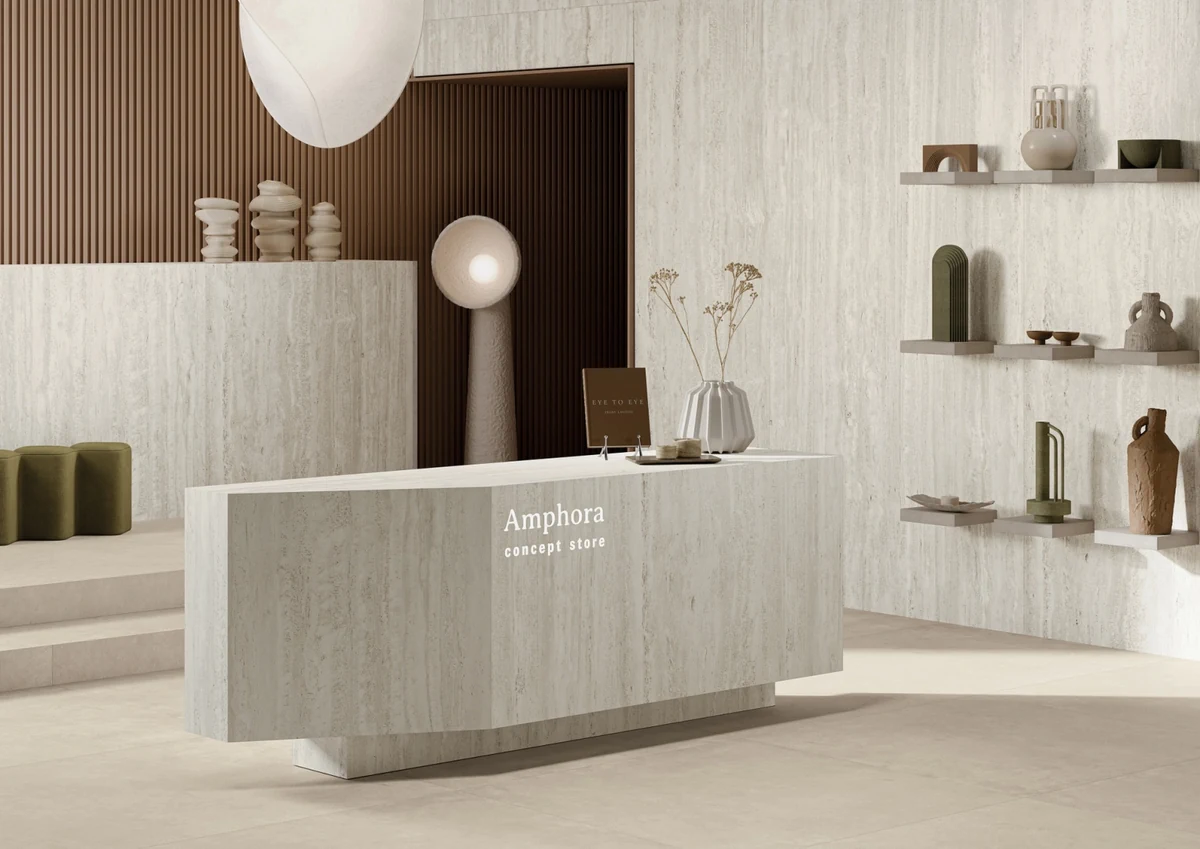 Gres Mirage VICEVERSA efekt terrazzo, kamień - aranzacja w przy kominku