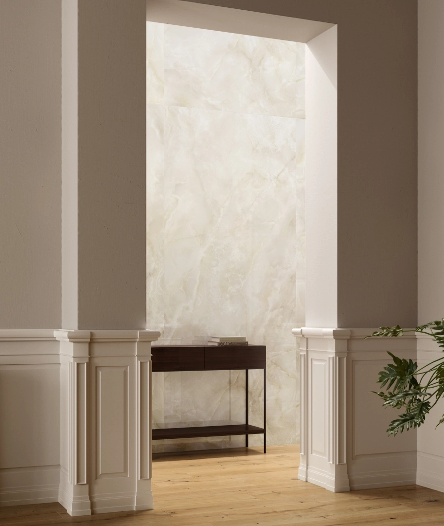 Gres Piemme MAJESTIC ONYX efekt marmur - aranzacja w nowoczesnym salonie