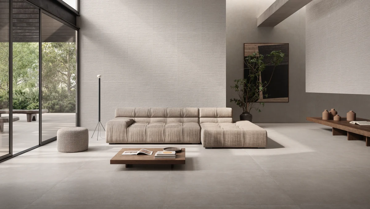Gres Piemme CEMENT VIBES efekt beton - aranzacja w nowoczesnym salonie