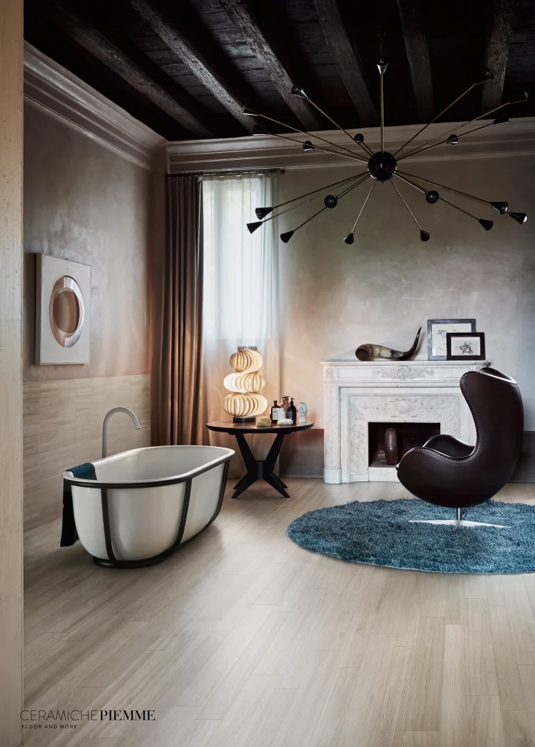 Gres Piemme FLEUR DE BOIS efekt drewno - aranzacja w nowoczesnym salonie