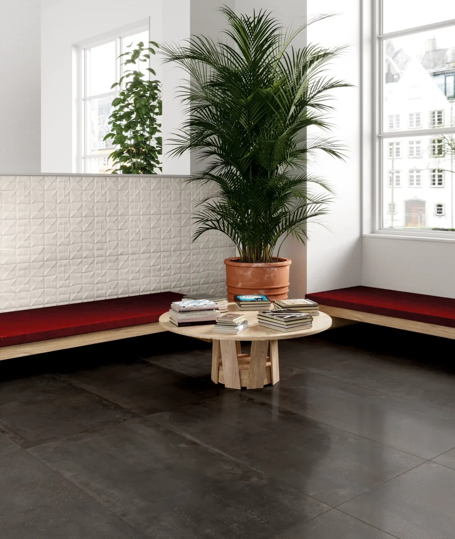 Gres Piemme MATERIA efekt metal - aranzacja w minimalistycznym wnetrzu